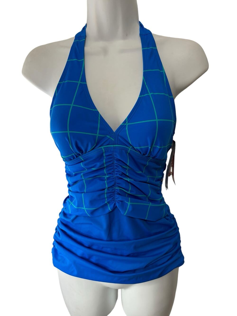 Spanx NWT Ruched Halter Tankini Top Size 6 Electric Blue Geo Bathing Suit Beach